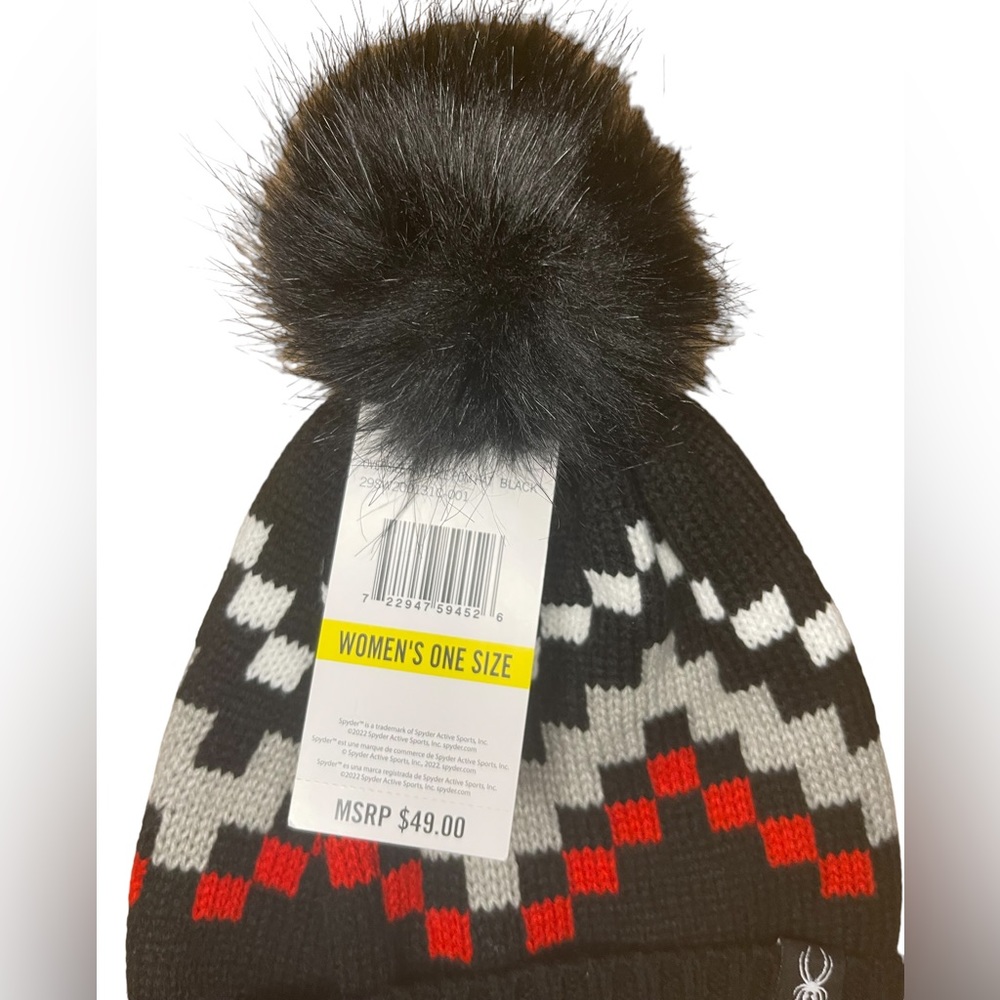 NWT Women's Spider Pom Knit Beanie One Size  Black/Red/White  🕷️ - Picture 2 of 2